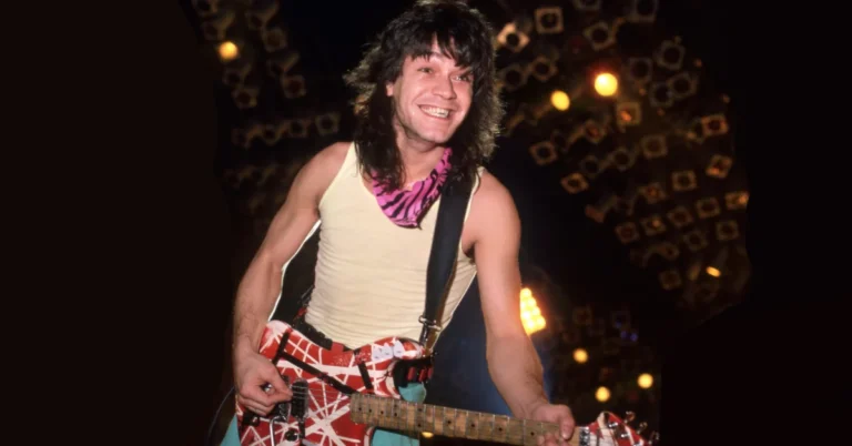 Van Halen band members posing in 1980s rock style with colorful outfits and big hair