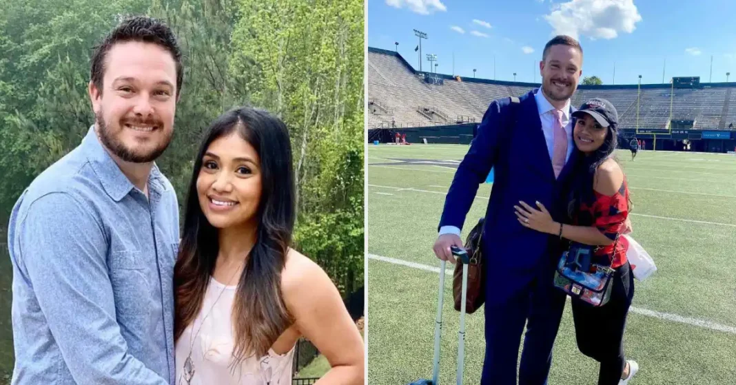 Dan Lanning smiling alongside his wife at a college football event, capturing the close relationship between Dan Lanning wife and the celebrated coach.