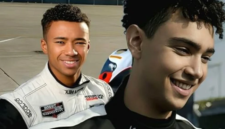 Jann Mardenborough, British professional racing driver, standing beside a Ford Mustang GT3 race car at a circuit, representing his journey from Gran Turismo gamer to real-world racer with a $10 million net worth.