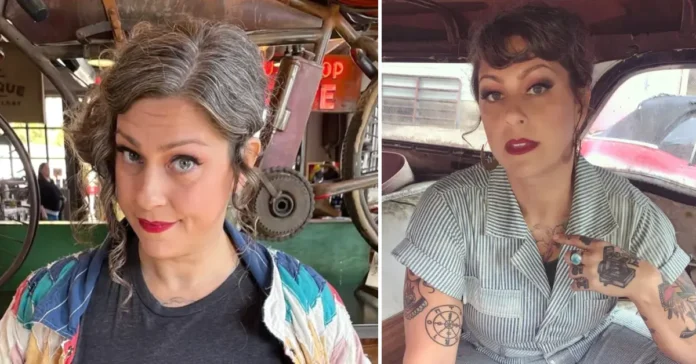 Danielle Colby smiling in a vintage-inspired outfit, reflecting her American Pickers fame and unique personality for a biography feature.