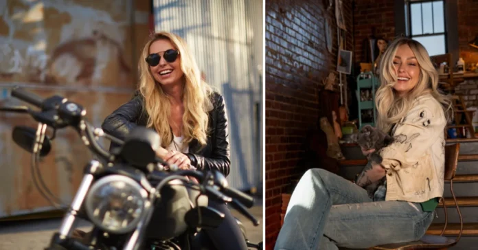Portrait of Leticia Cline smiling confidently, showcasing her unique blend of model elegance and motorcycle rider spirit, reflecting her bold life story.