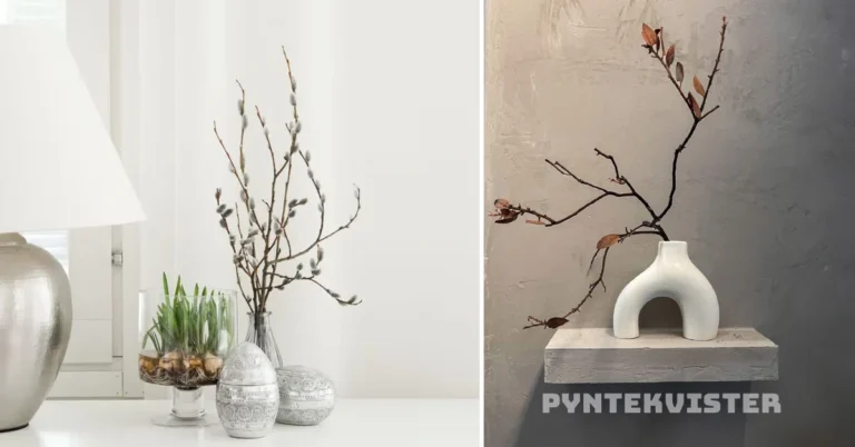 Pyntekvister Nordic decorative branches styled in white ceramic vase with minimalist Scandinavian interior design aesthetic