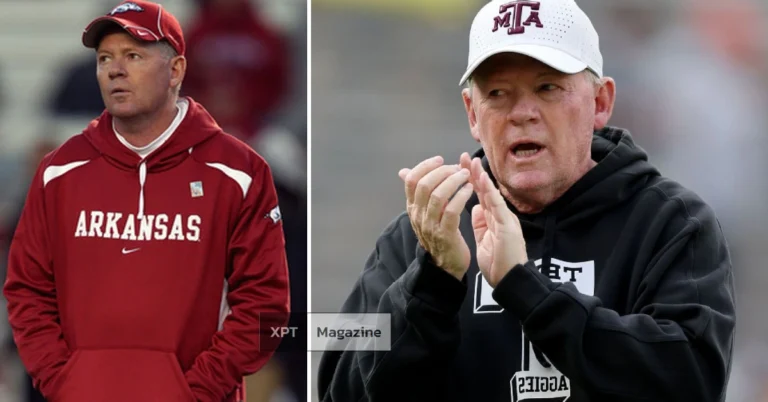 Bobby Petrino standing on the football field, showcasing his coaching focus and determination during a college game.