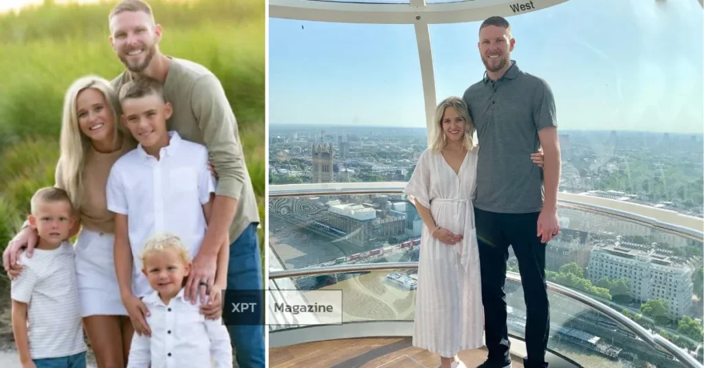 Brianne Aron smiling alongside her husband Chris Sale, capturing a warm moment that reflects her supportive and grounded personality.