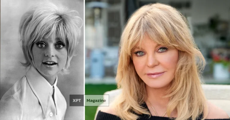Smiling Goldie Hawn posing gracefully, reflecting her iconic Hollywood style and radiant personality from her celebrated acting career.