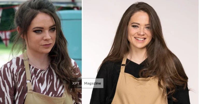 A cheerful portrait of Lottie Bedlow in a baking setting, showcasing her passion for desserts and warm personality from The Great British Bake Off.