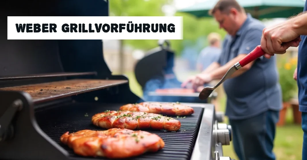 Certified Weber Grillmaster demonstrating live grilling techniques at Weber Grillvorführung event with attendees watching professional BBQ cooking demonstration