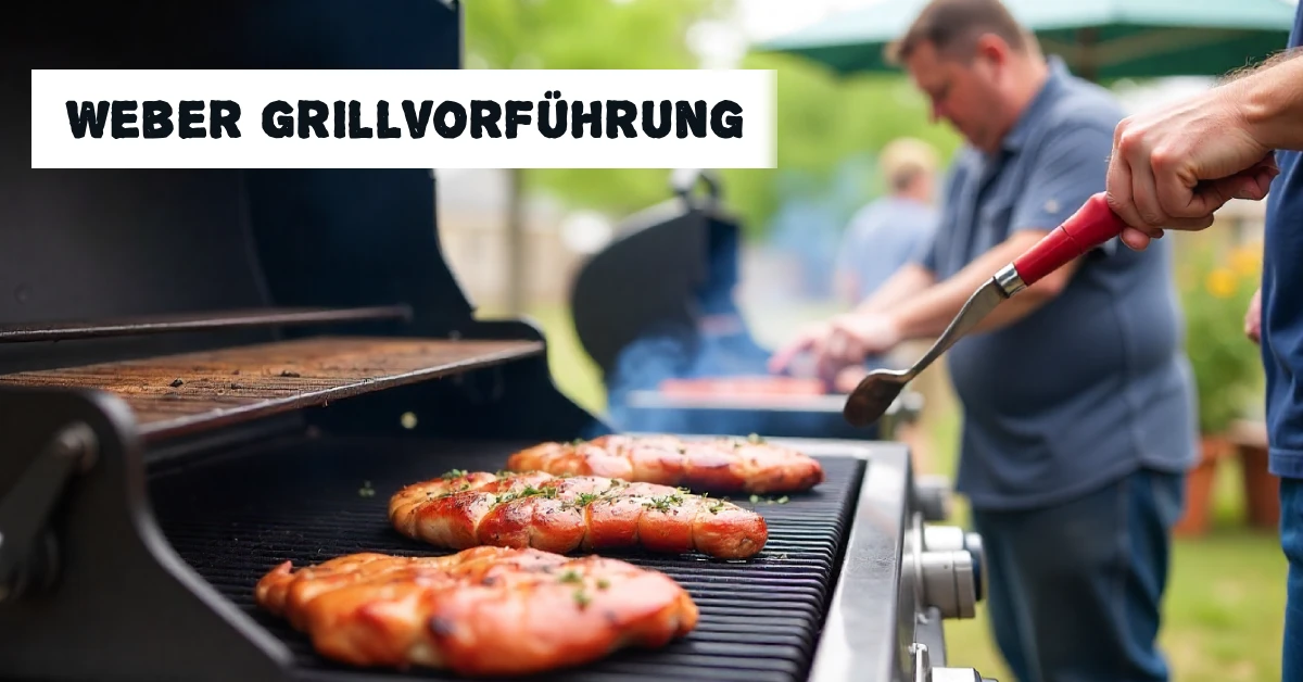 Certified Weber Grillmaster demonstrating live grilling techniques at Weber Grillvorführung event with attendees watching professional BBQ cooking demonstration