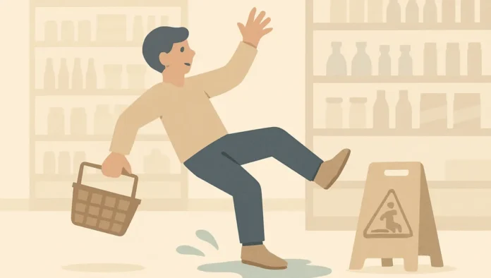 Person involved in a grocery store slip and fall on a wet floor.