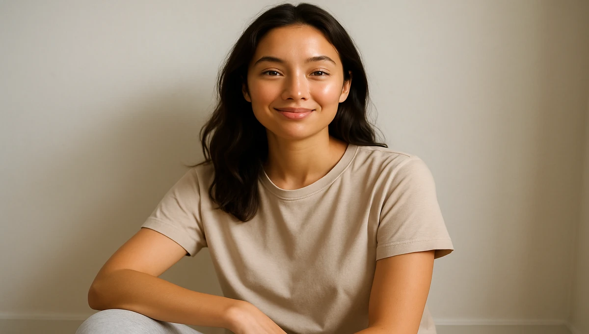 A woman with glowing skin wearing simple, comfortable clothing that shows natural style.