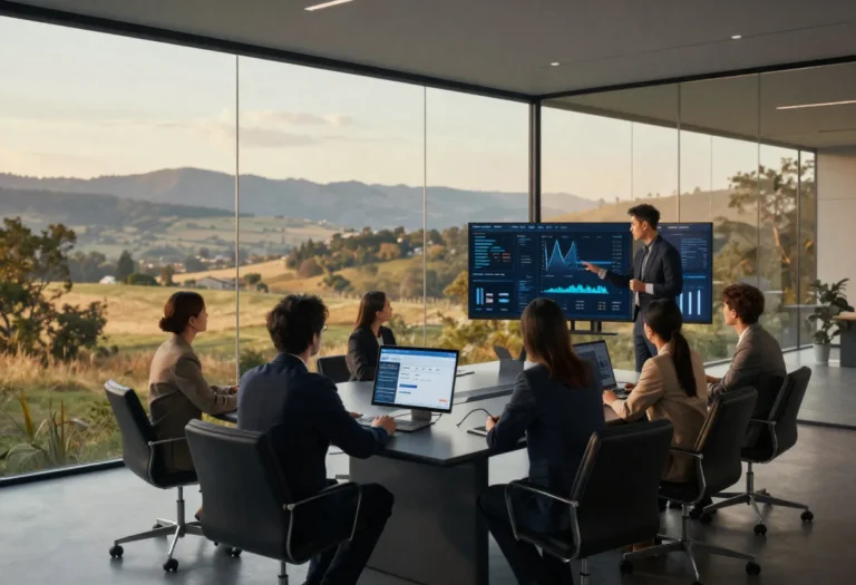 AI Consulting professional presenting smart business operations strategy with digital AI technology interface and chatbot solutions for enterprise growth