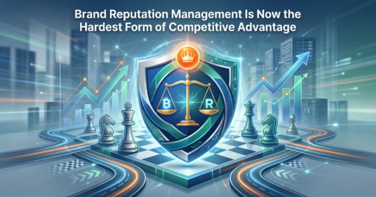 Brand Reputation Management as competitive advantage showing trust, monitoring, and stakeholder engagement protecting business moat