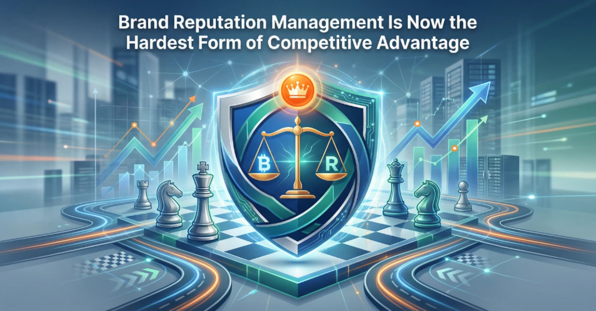 Brand Reputation Management as competitive advantage showing trust, monitoring, and stakeholder engagement protecting business moat