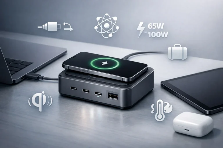 Compact USB-C charger charging a laptop, phone, and earbuds on a desk