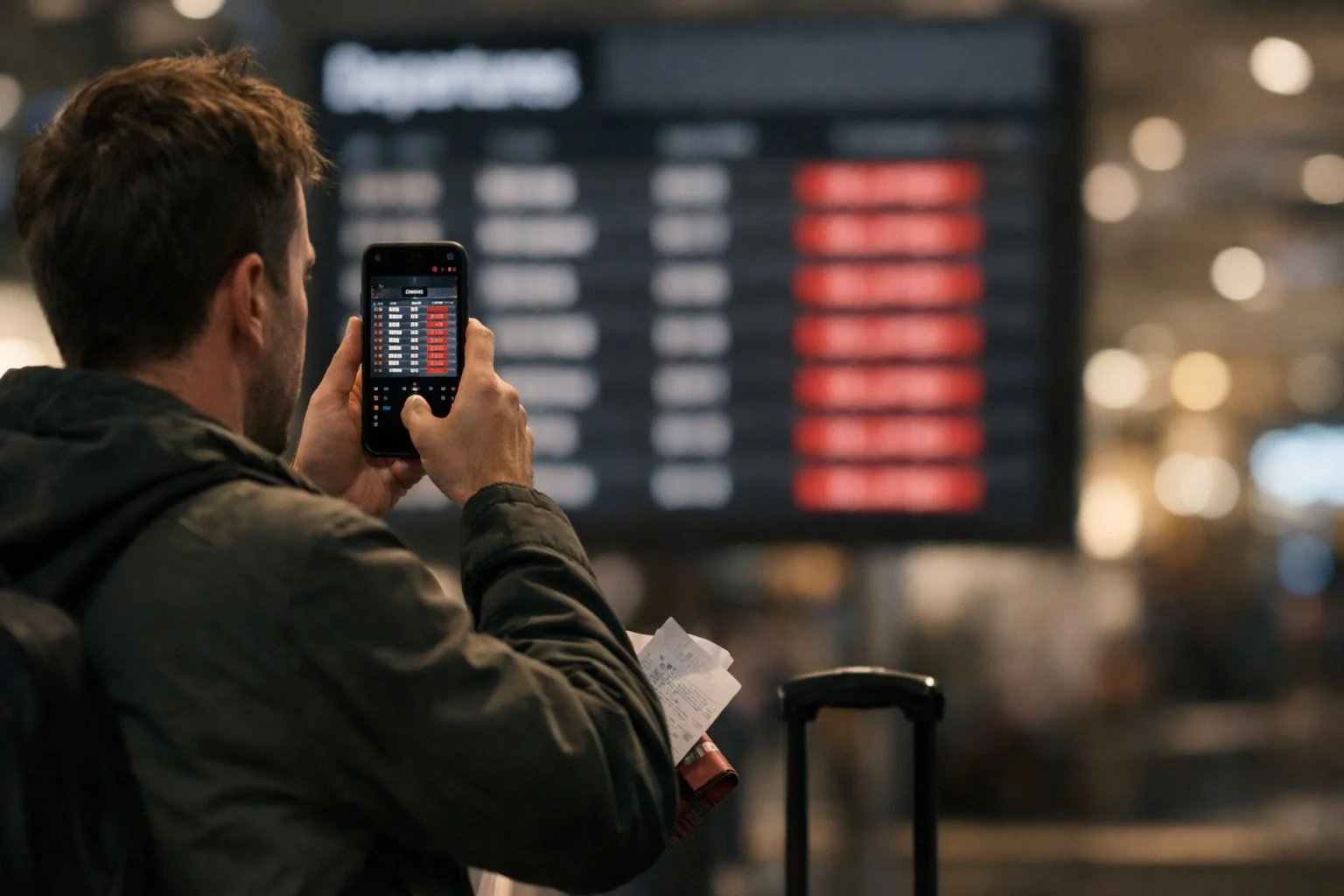 Passenger taking a photo of an airport departure board during a flight delay