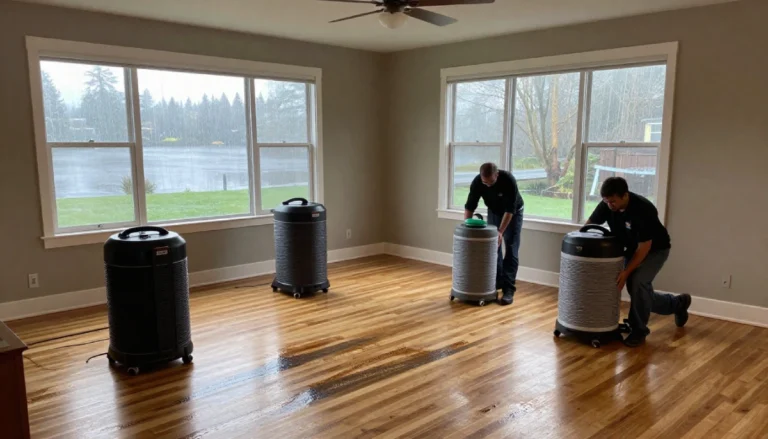 Professional water damage restoration technicians drying a Seattle home interior after rainfall-related water intrusion.
