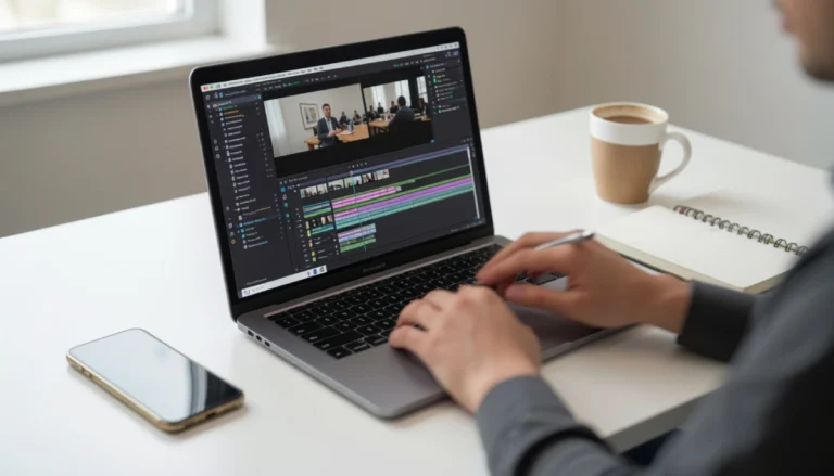 Content creator using a laptop to create animated social media designs with an easy online animation tool