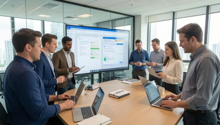 Team of professionals collaborating in a modern office using laptops and digital tools to share knowledge and improve productivity.