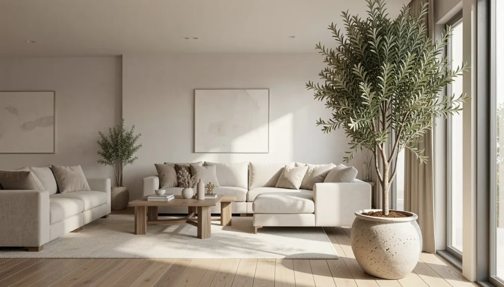 Realistic artificial olive tree in a stylish living room with neutral decor, ceramic planter, and natural sunlight, enhancing home interior design with lifelike greenery