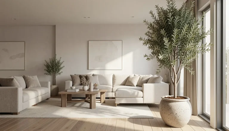 Realistic artificial olive tree in a stylish living room with neutral decor, ceramic planter, and natural sunlight, enhancing home interior design with lifelike greenery