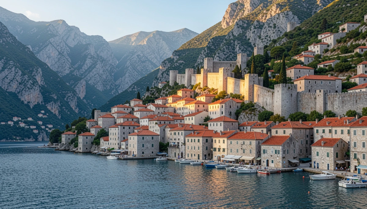 Kotor Old Town and medieval fortress walls rising above the Bay of Kotor in Montenegro surrounded by dramatic Adriatic mountains.