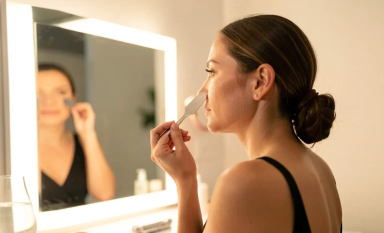 Woman using an ultrasonic skin scrubber on damp face as part of a 2-week skin prep routine before a big event