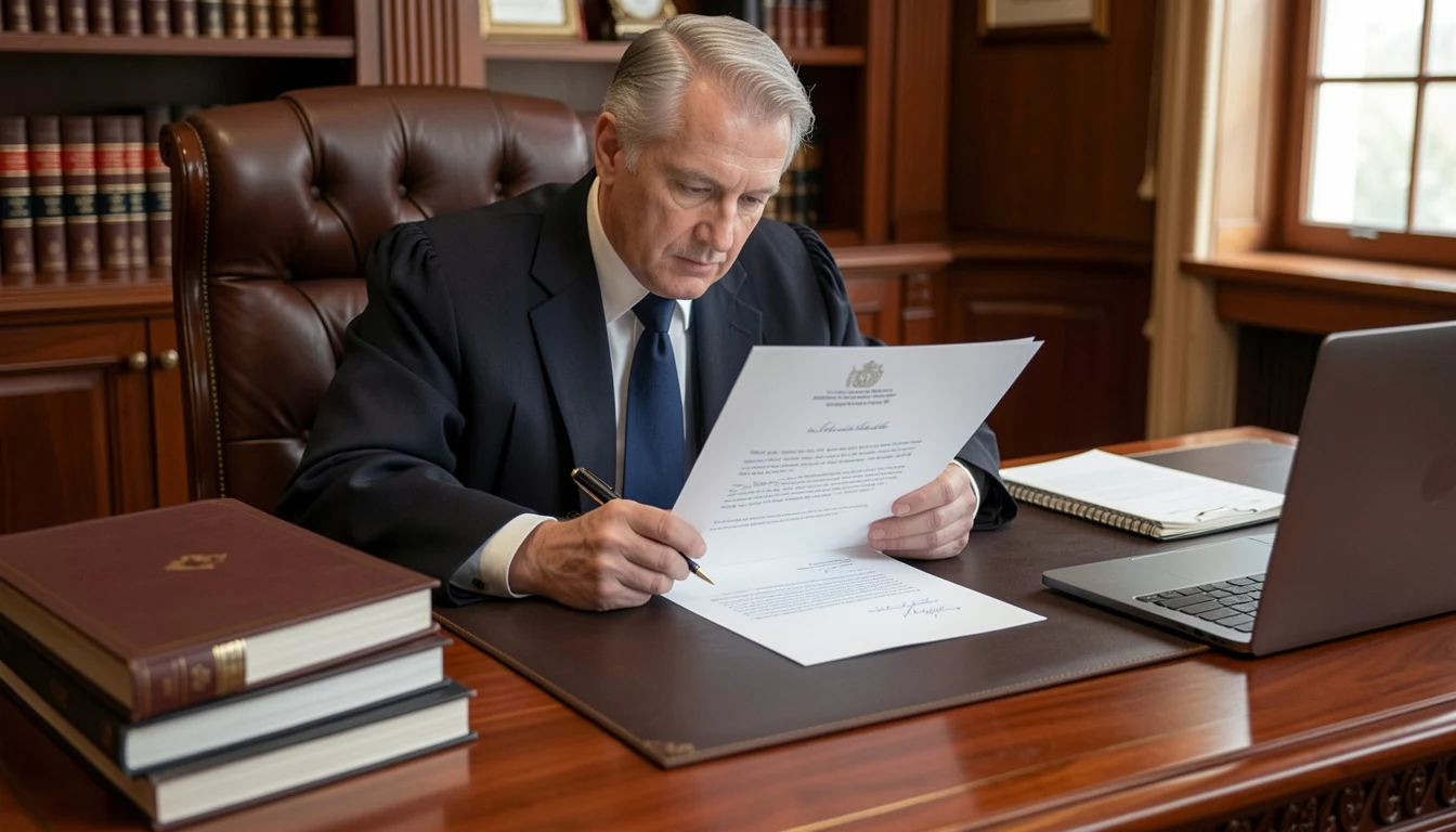Lawyer reviewing a formal letter of representation at a desk with legal documents and books, illustrating the importance of legal advocacy and attorney-client communication