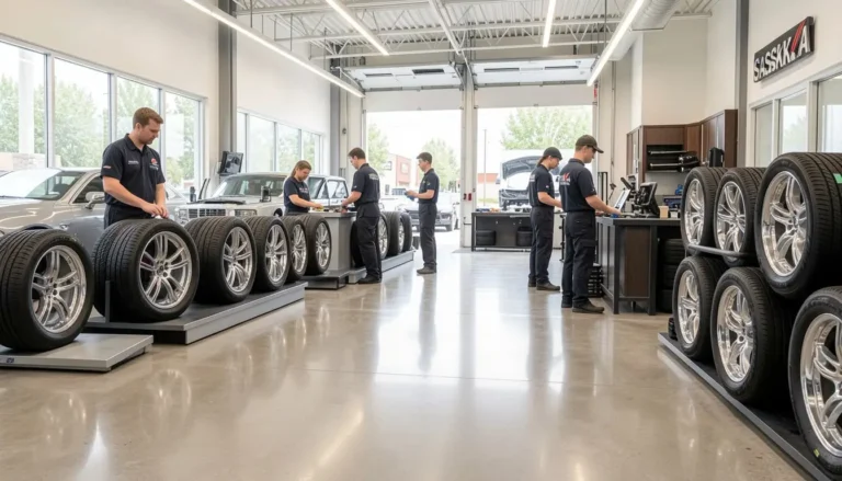 Canada Custom Autoworks Saskatoon showroom with premium custom wheels, all-weather tires, and staff assisting customers in a modern automotive shop.