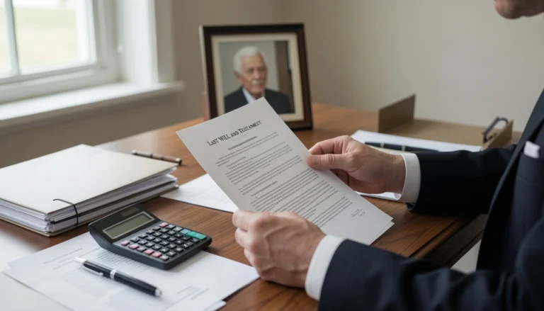 Executor reviewing probate documents and will paperwork while managing a deceased loved one's estate with legal forms and financial papers on desk.