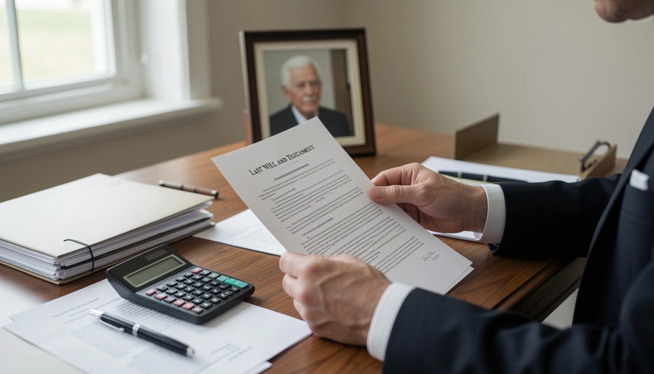 Executor reviewing probate documents and will paperwork while managing a deceased loved one's estate with legal forms and financial papers on desk.