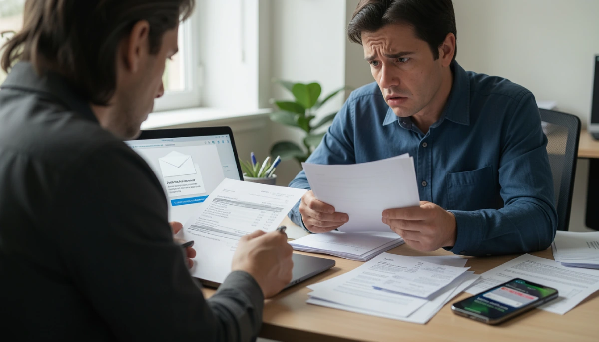 Person reviewing bank statements and suspicious email after discovering financial fraud or scam.