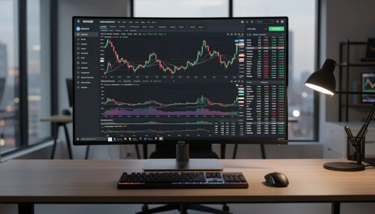 Professional trading platform dashboard with financial charts and market analysis tools on a widescreen monitor