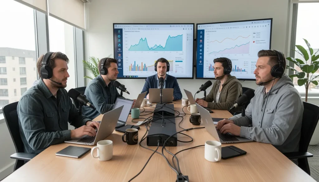Podcast creators analyzing BackToFrontShow pricing and analytics data on multiple monitors in a modern office