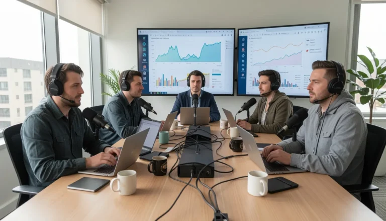 Podcast creators analyzing BackToFrontShow pricing and analytics data on multiple monitors in a modern office