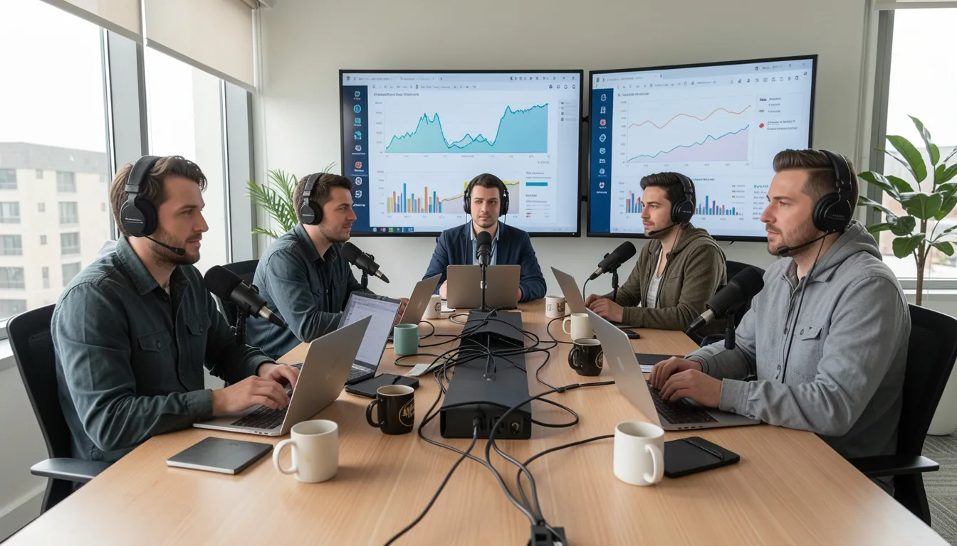 Podcast creators analyzing BackToFrontShow pricing and analytics data on multiple monitors in a modern office