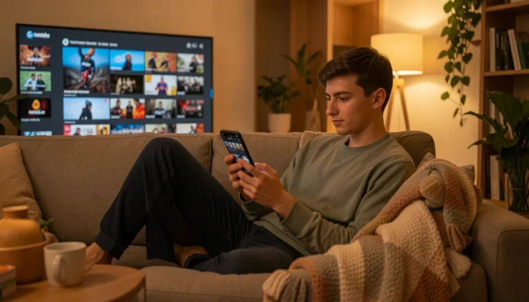 “Person watching movies on Movirz streaming platform on smartphone at home, with TV in background showing paused scene, cozy living room setup, highlighting casual and affordable online streaming.