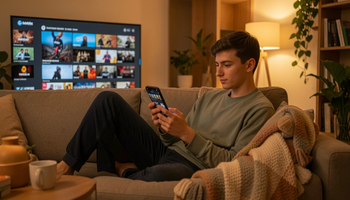 “Person watching movies on Movirz streaming platform on smartphone at home, with TV in background showing paused scene, cozy living room setup, highlighting casual and affordable online streaming.