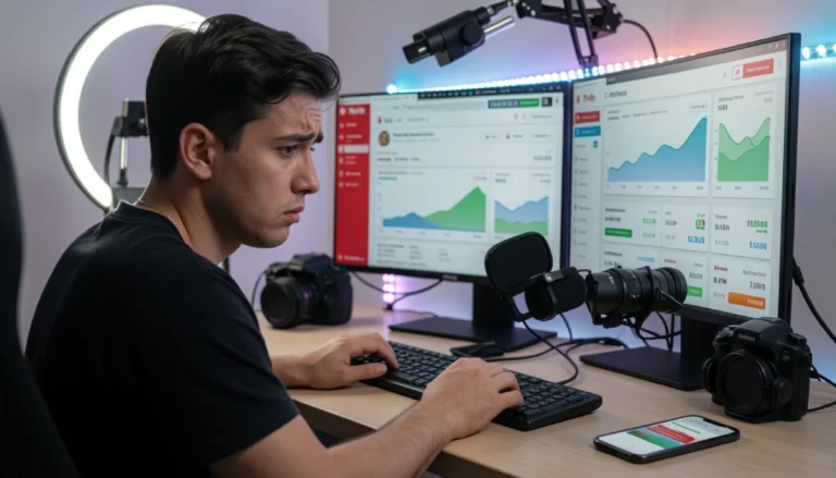 YouTube creator reviewing AdSense earnings and analytics while waiting for delayed payments, highlighting cash flow challenges in the creator economy