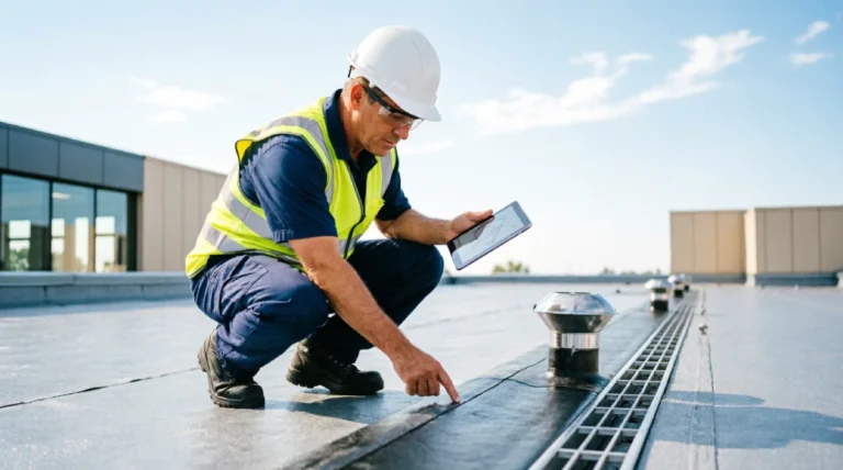 Professional inspector checking commercial flat roof seams and drainage during routine maintenance