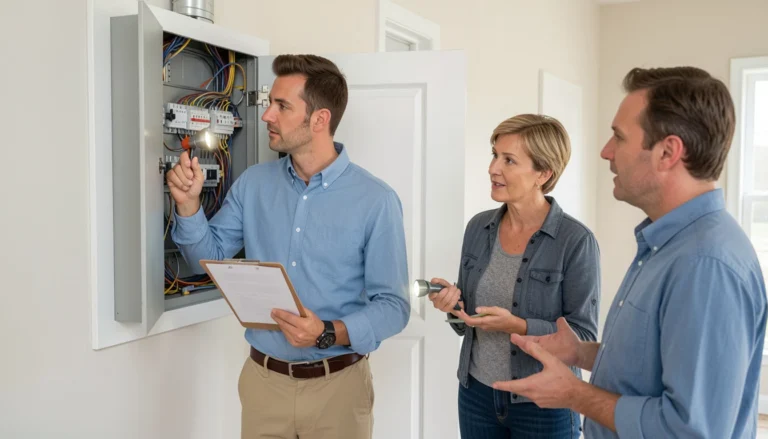 Professional home inspector checking electrical system while buyer and seller review property during fast cash home sale