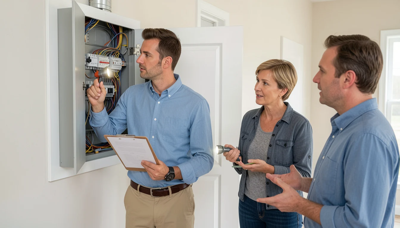 Professional home inspector checking electrical system while buyer and seller review property during fast cash home sale