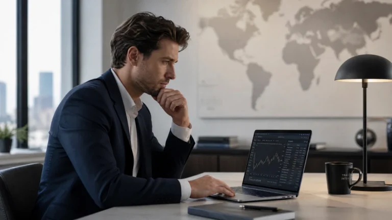 A professional trader analyzing a clean financial platform on a laptop in a modern office with a world map background.