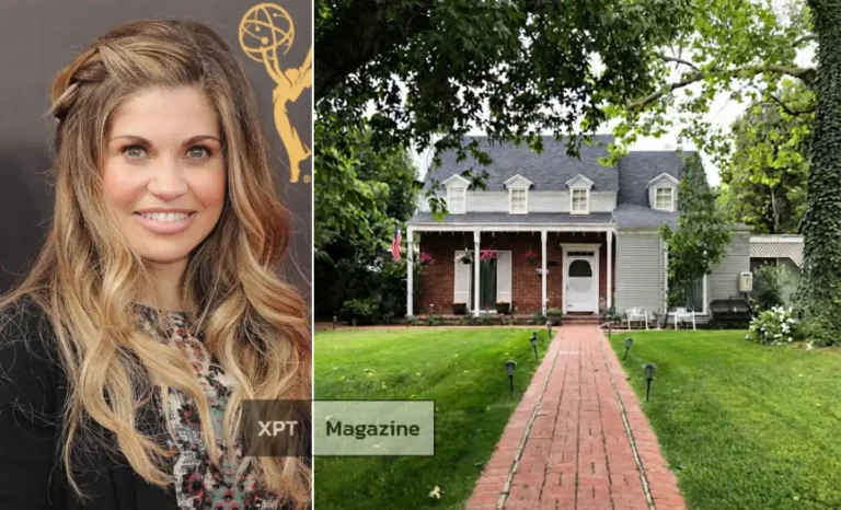 Danielle Fishel standing outside her Los Angeles home — actress known for Topanga Lawrence on Boy Meets World