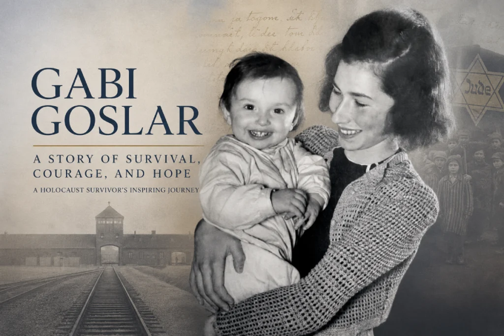 Gabi Goslar holding a young child in a historical black-and-white photograph