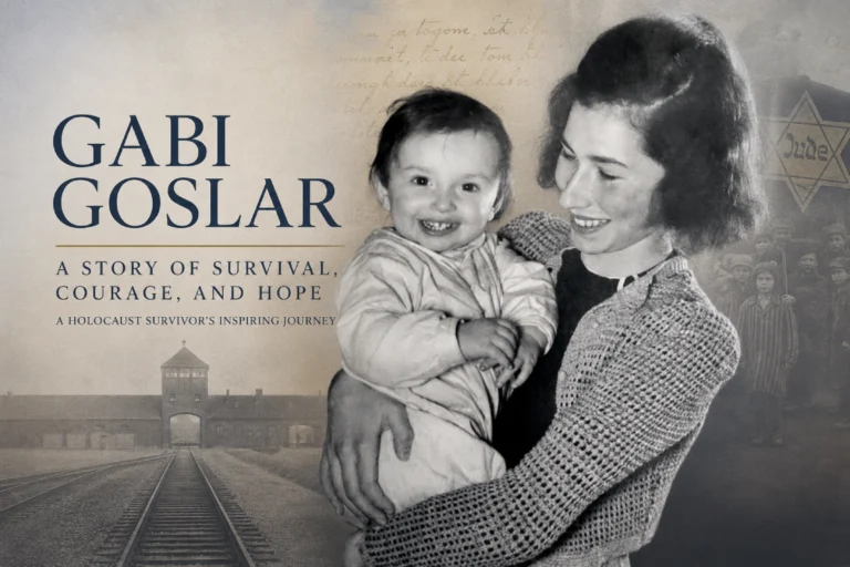 Gabi Goslar holding a young child in a historical black-and-white photograph