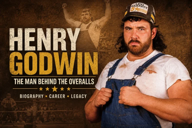 Henry Godwin in denim overalls and cap during his wrestling career