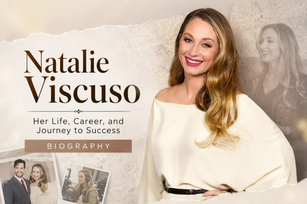 Natalie Viscuso biography featured image showing Natalie Viscuso in an elegant cream outfit