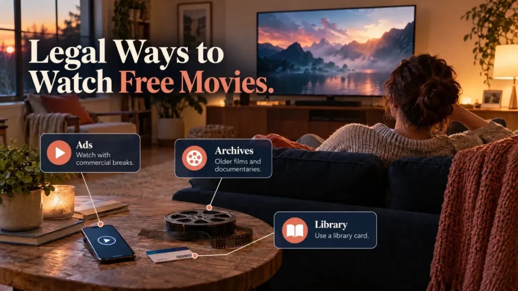Featured image showing a person watching a movie with callouts for ad-supported streaming, library access, and film archives