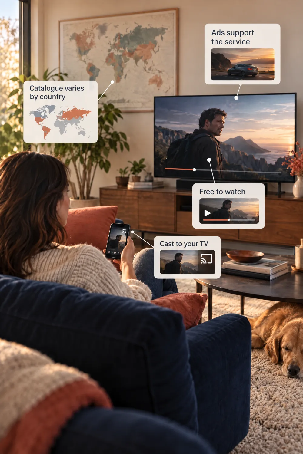 infographic of a person watching a free movie with labels for ads, country-specific catalogues, and casting to a TV