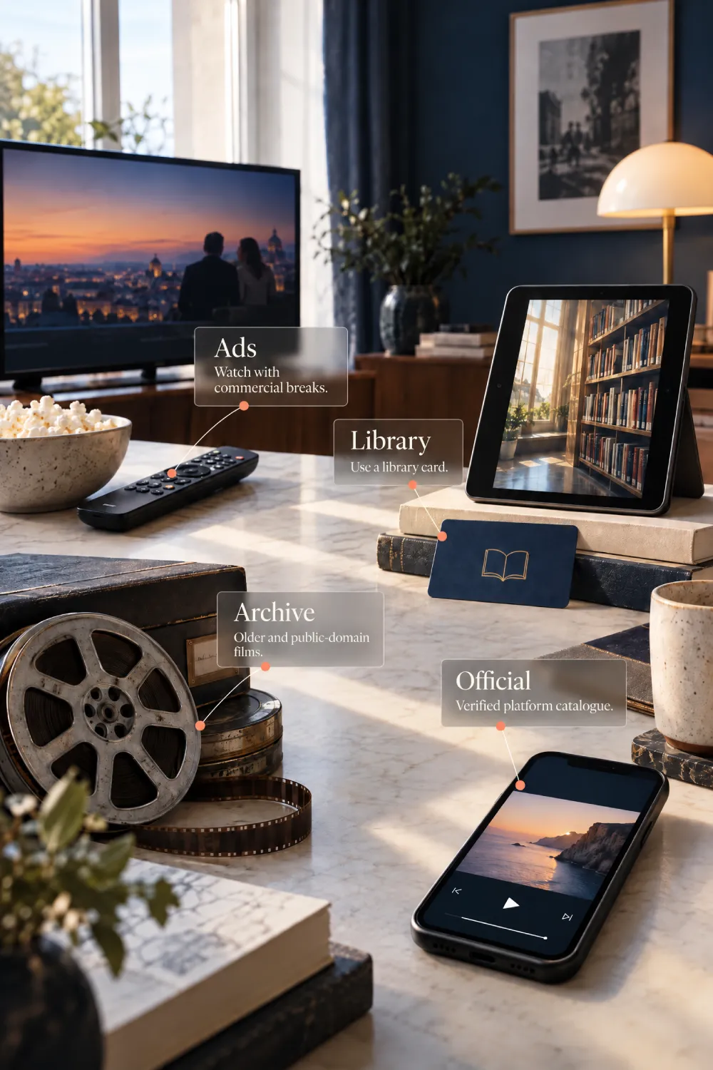infographic showing four legal ways to watch free movies through ads, a library card, public-domain archives, and verified platforms
